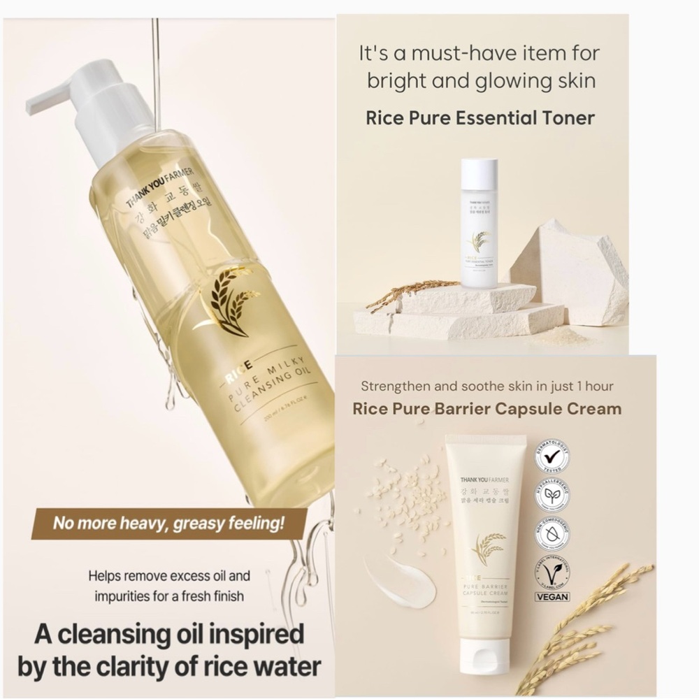THANK YOU FARMER RICE PURE CLEANSING OIL & ESSENTIAL TONER & BARRIER CREAM - NEW